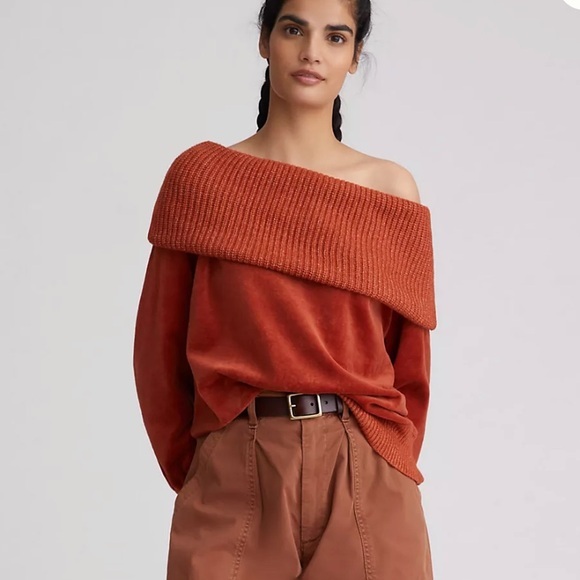Anthropologie Sweaters - Anthropologie Daily Practice Terracota One Shoulder Pullover Velvet Sweater